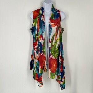 Pleats Collection M Artsy Lagenlook Floral Micro Pleated Open Draped Vest Multi